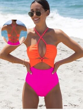 Popvil NEW✨ Colorblock Cutout Lace-Up Back One Piece Swimsuit